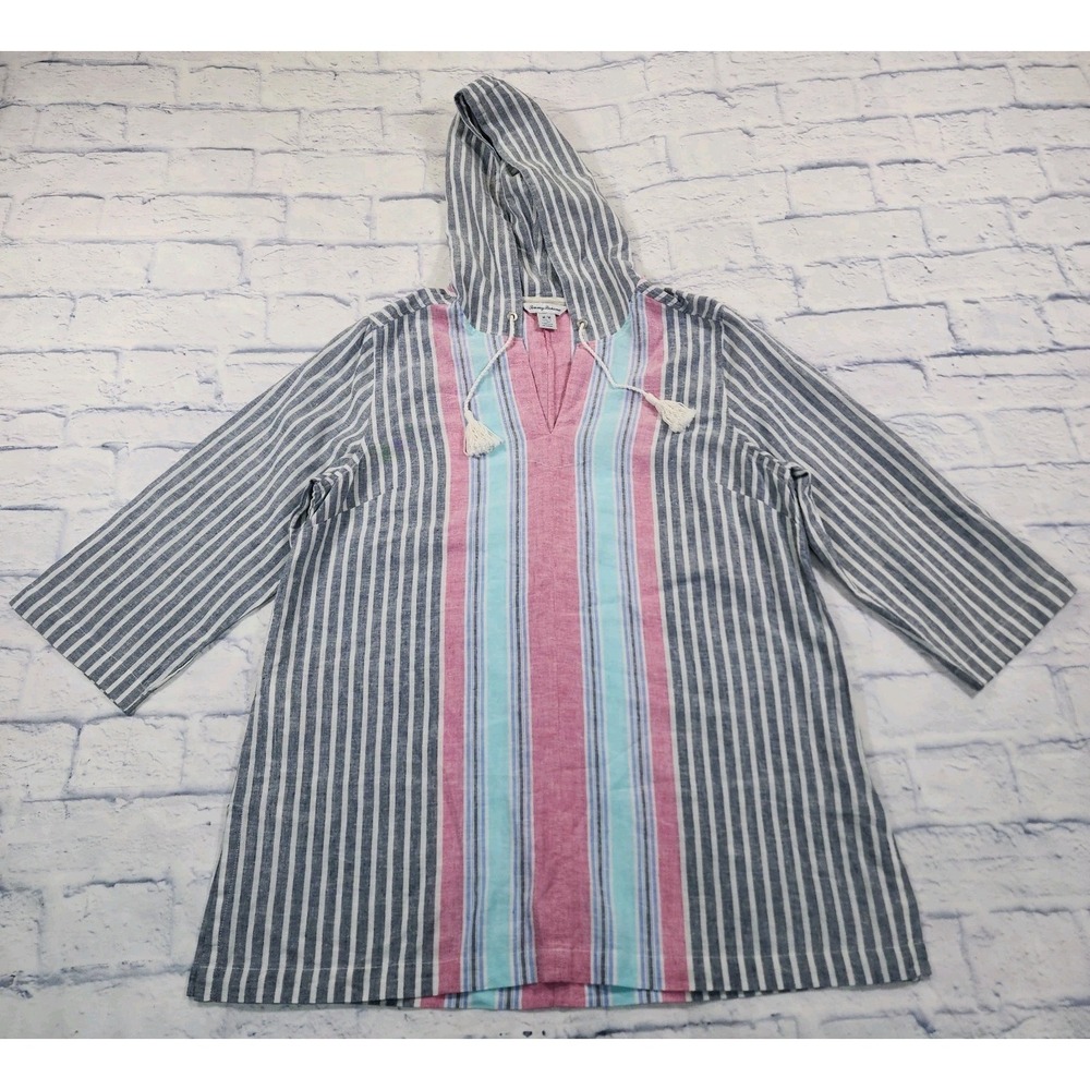 Tommy Bahama WOMENS SIZE M Lovely Lanes Baja Linen Blend Hoodie Striped Cover Up